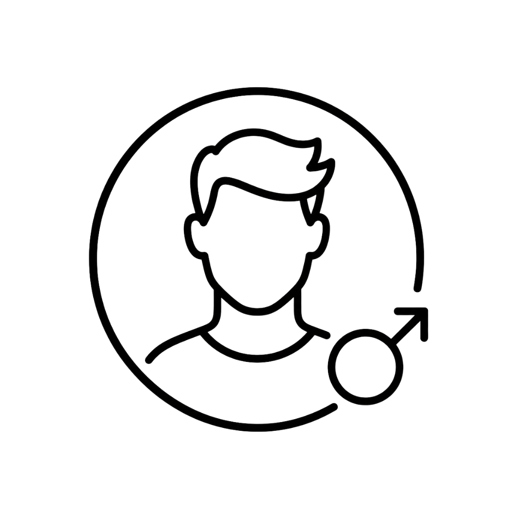 A minimalist black line icon of a person inside a circle with a male arrow symbol, shown on a plain white background.