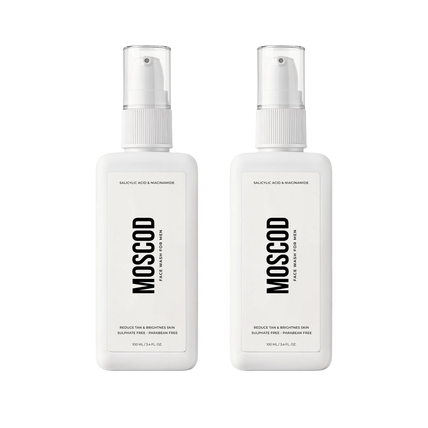 Two white rectangular pump bottles of MOSCOD Salicylic Acid & niacinamide facewash for men shown side by side on a plain white background.