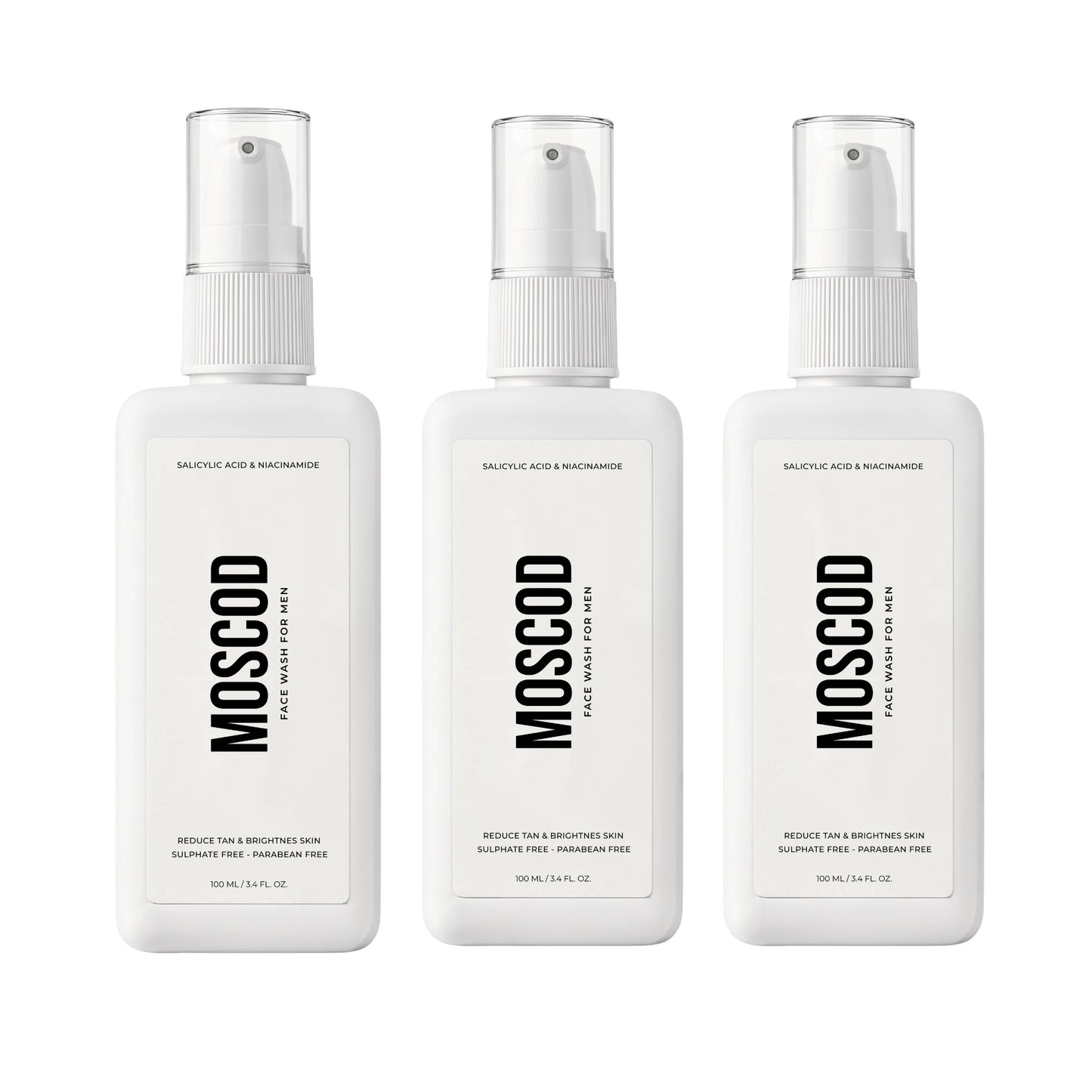 Three white rectangular pump bottles of MOSCOD Salicytic Acid & Niacinamide face wash, arranged side by side on a plain white background.