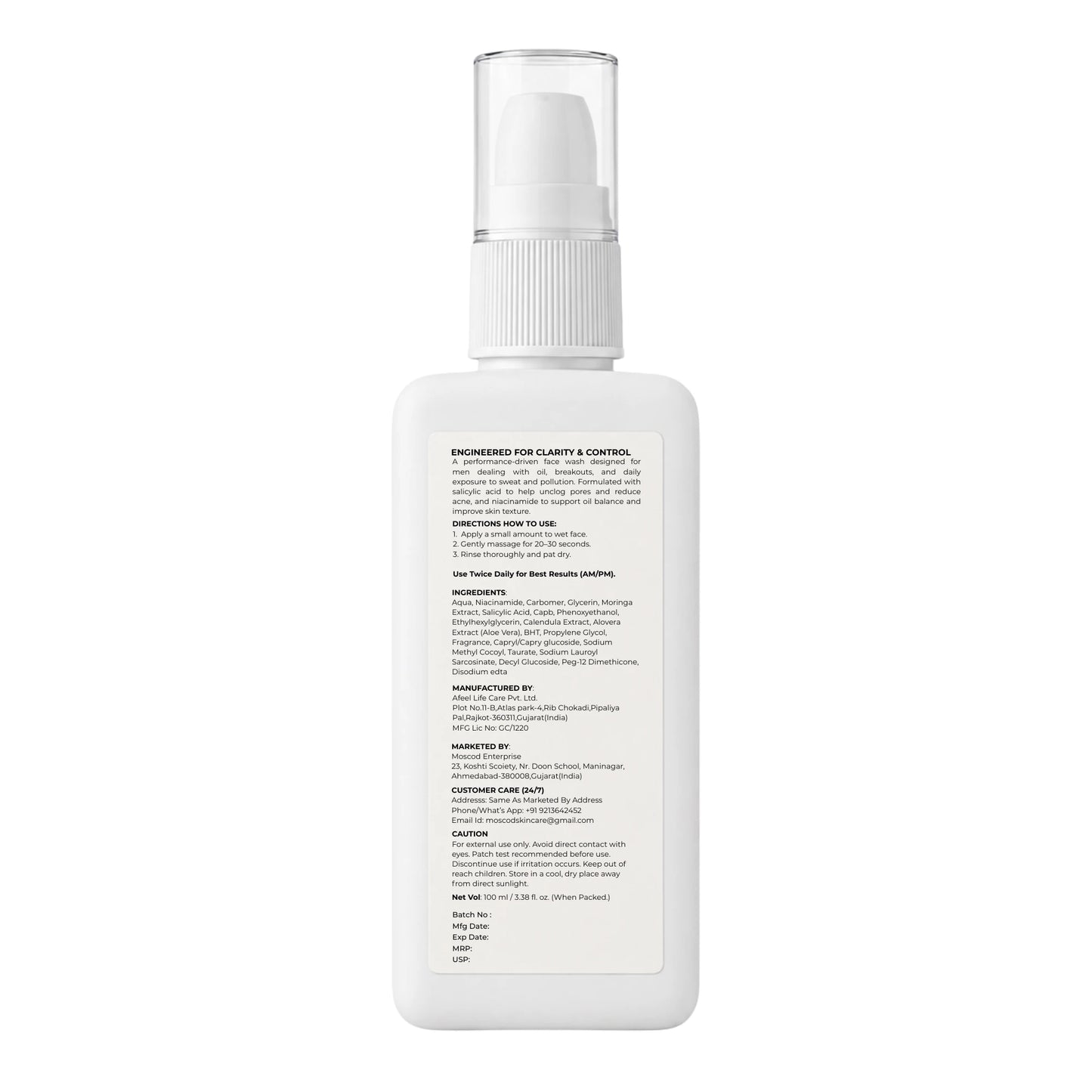 moscod salicylic acid face wash for men bottle and back label