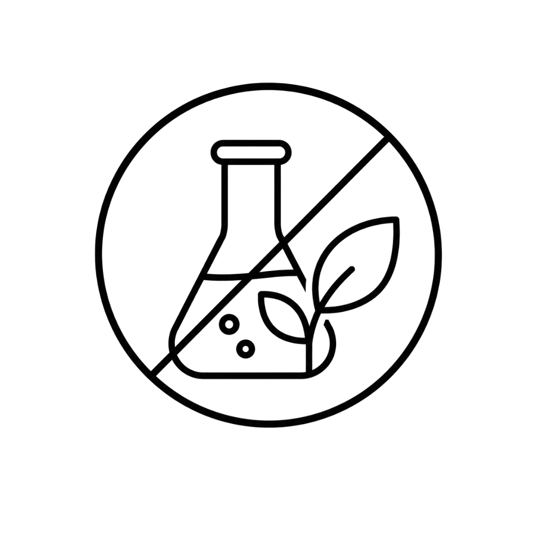 A black line icon of a beaker with leaves and a diagonal prohibition slash inside a circle, shown on a plain white background.