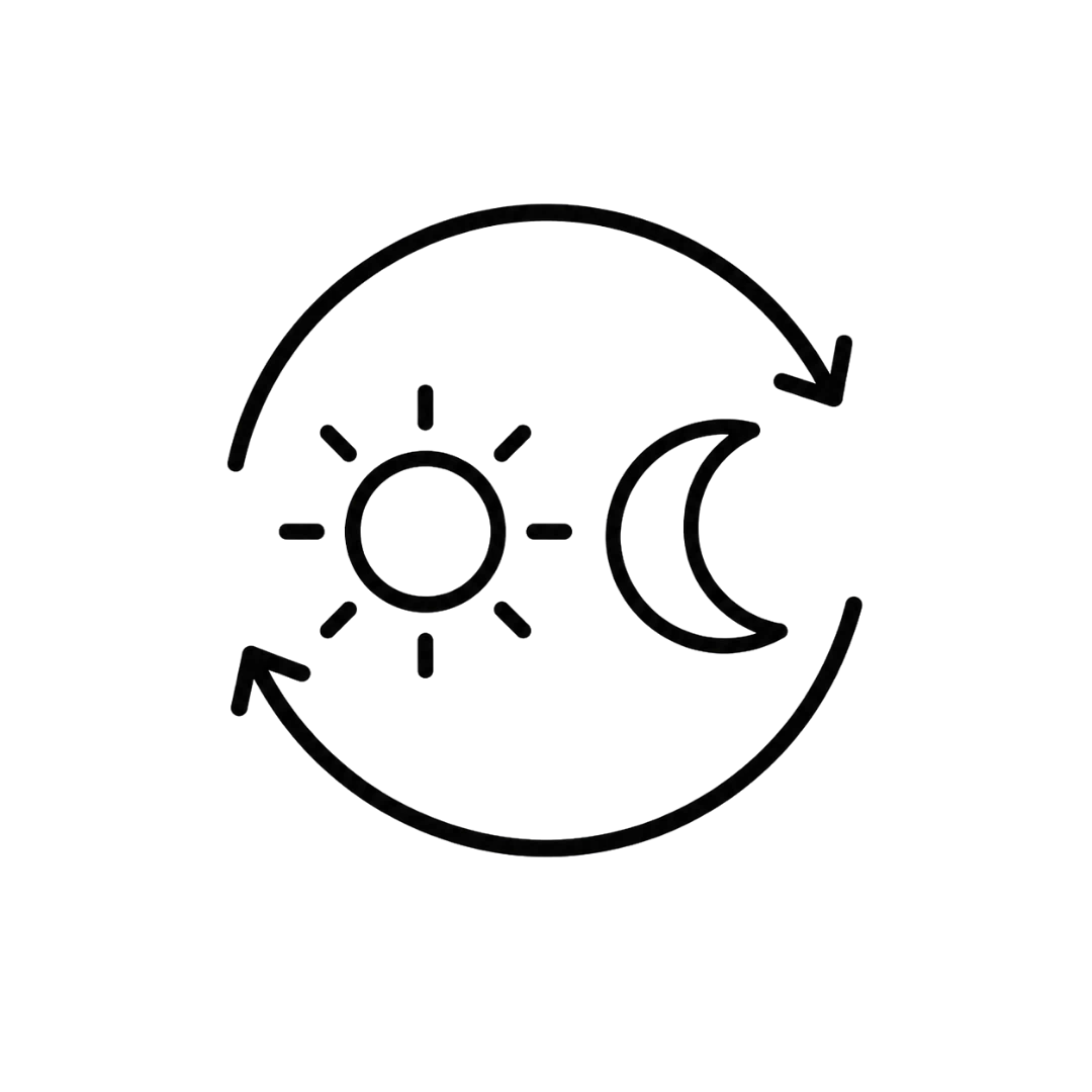 A minimalist black line icon depicting a sun and crescent moon enclosed in a circular arrow, representing a daily or seasonal cycle, on a solid white background.