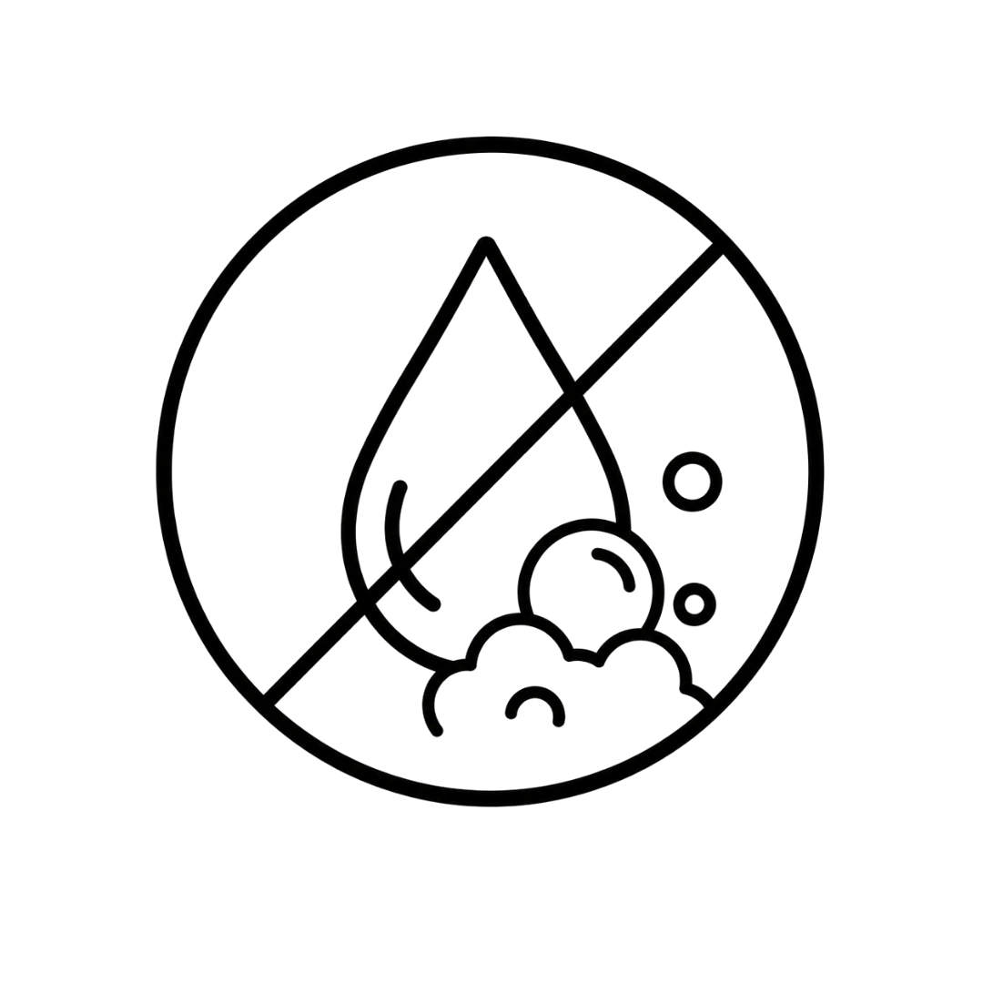 A black and white line icon depicting a water droplet with soap bubbles crossed out by a diagonal prohibition symbol inside a circle, indicating a waterproof or water-resistant feature.